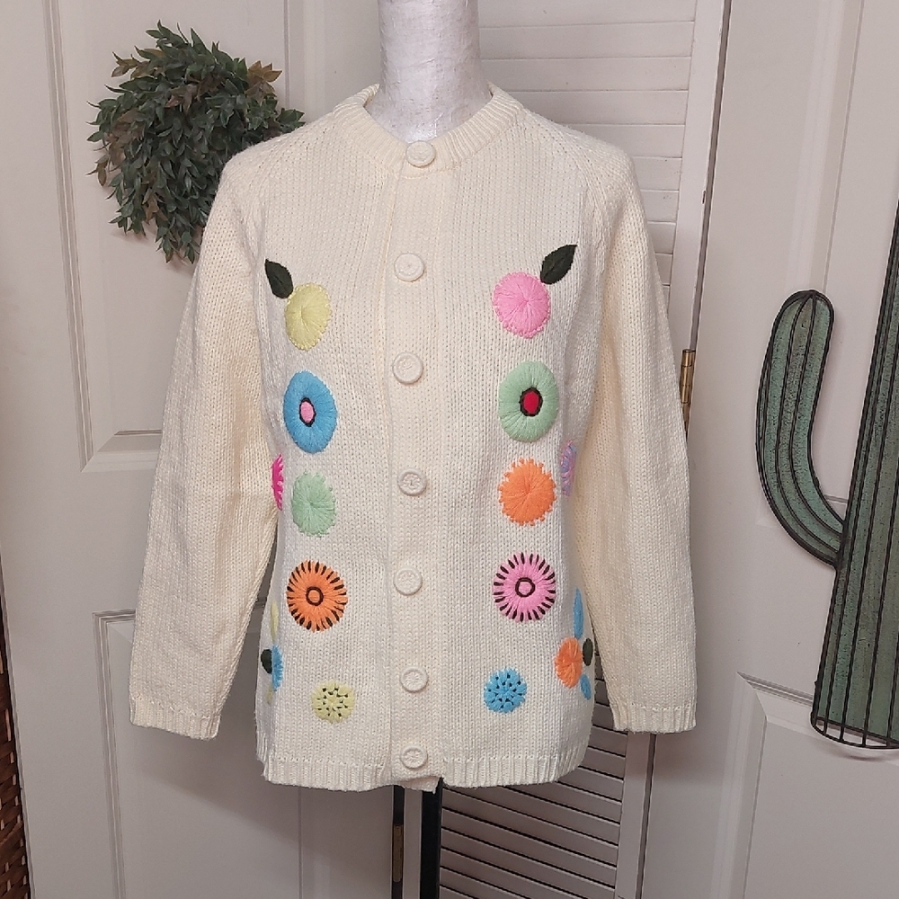 Vintage 1960s, Mod Garden, Kimlon Cardigan, Large - Picture 2 of 11